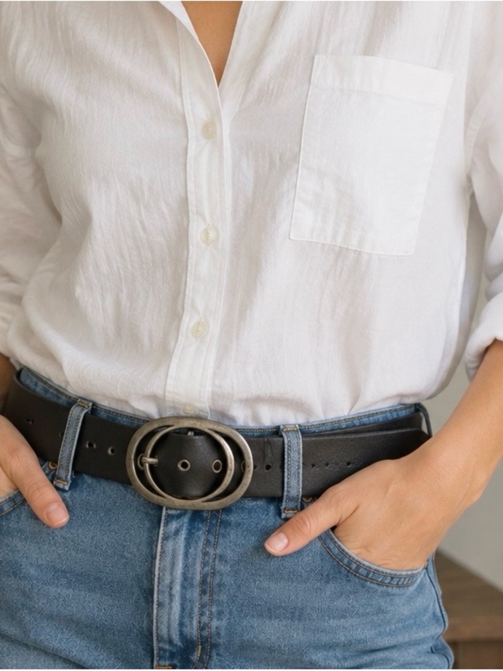 Fossil Black Genuine Leather Double Oval Buckle Belt | Medium